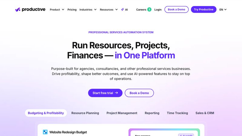 Productive.io agency project management software homepage