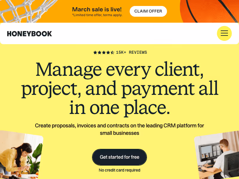 HoneyBook homepage — client onboarding and CRM platform
