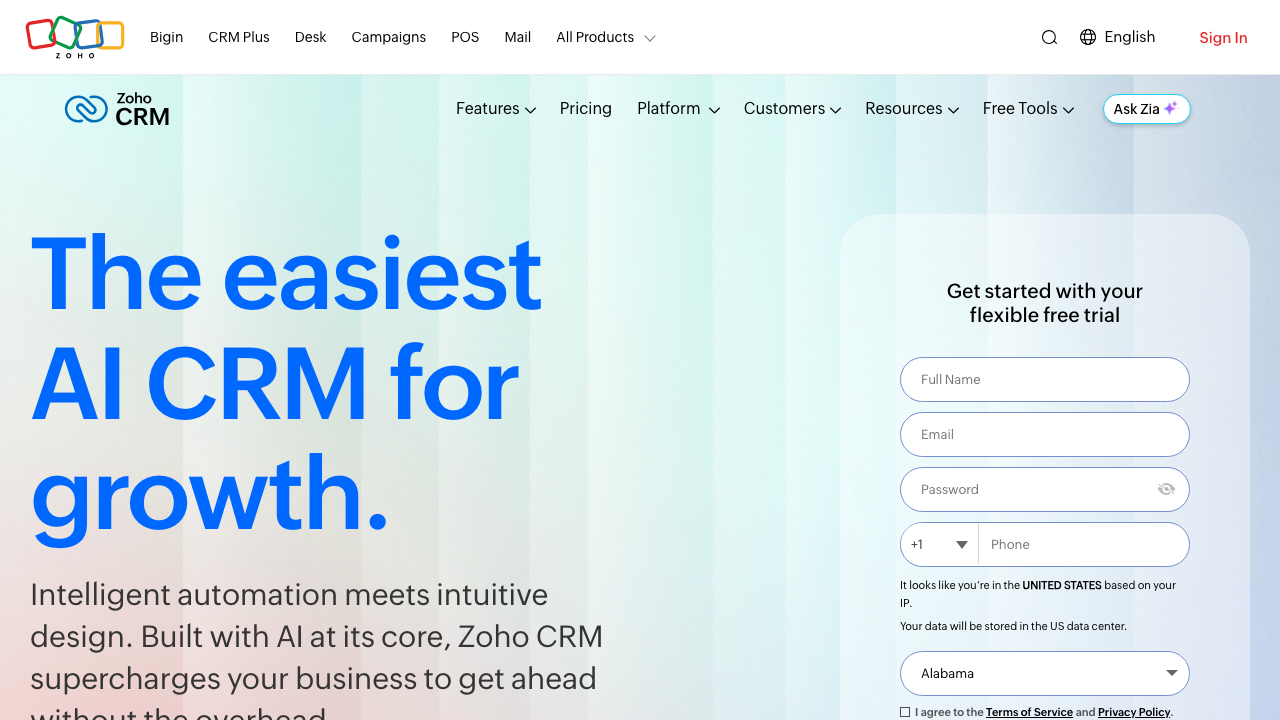 Zoho CRM homepage