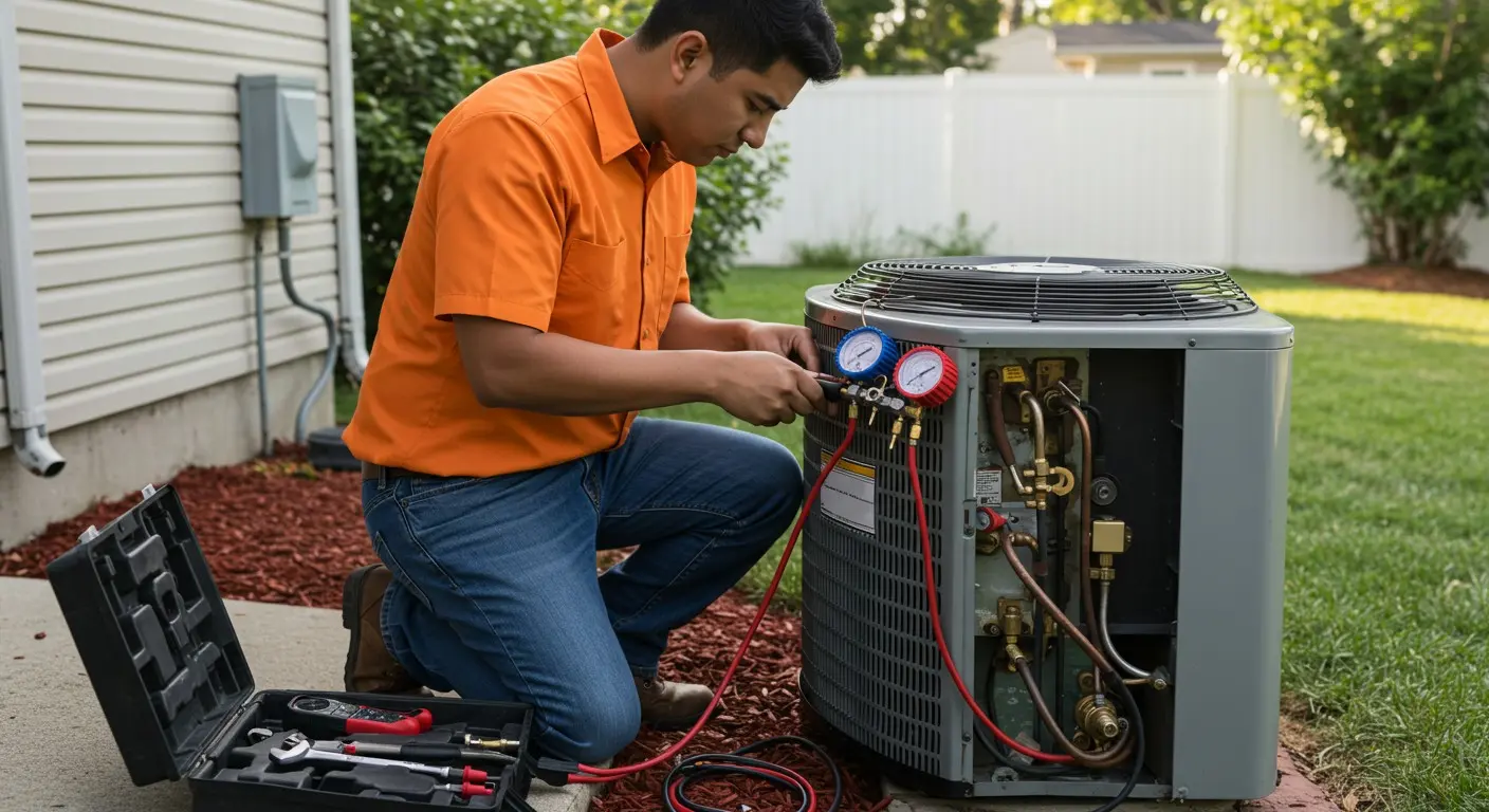 Technician checking AC unit pressure gauges.