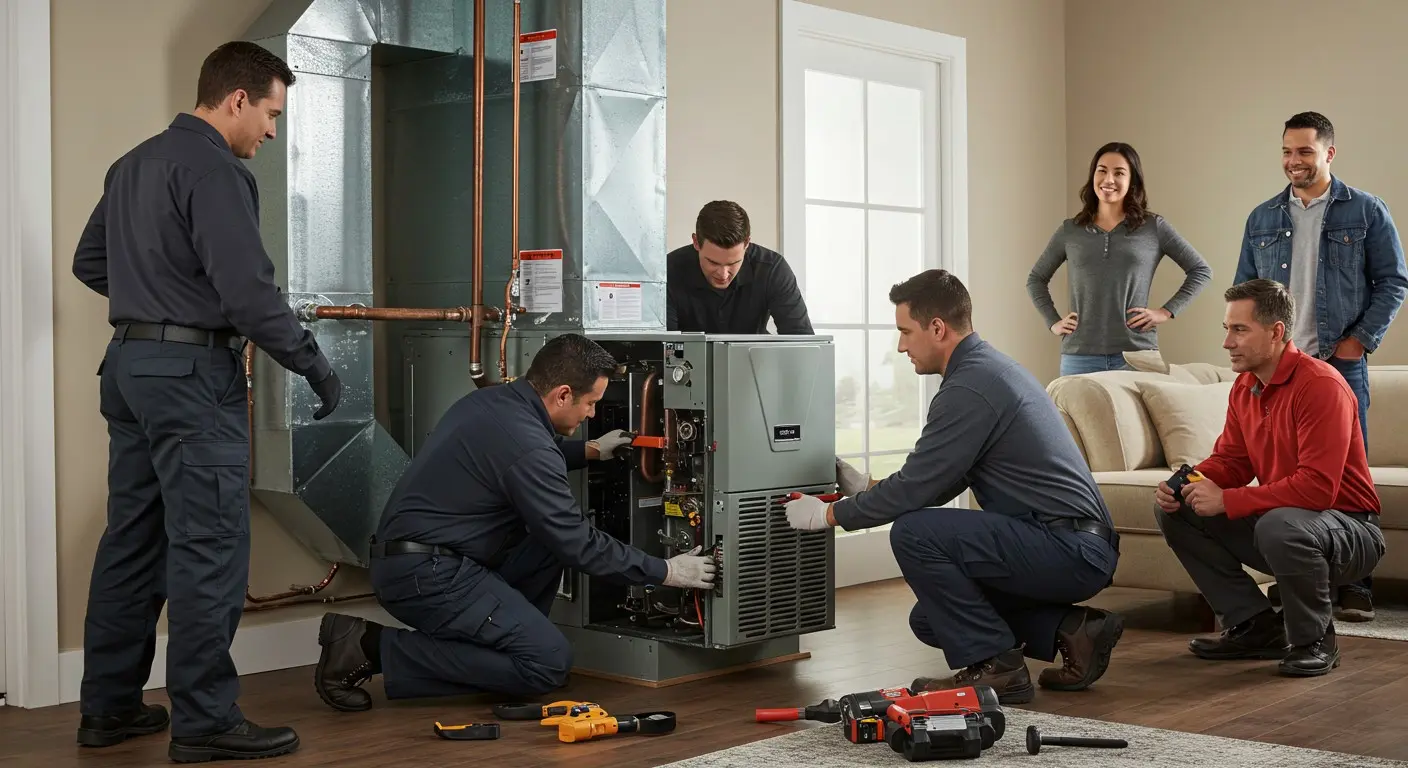 technicians inspecting an industrial furnace.