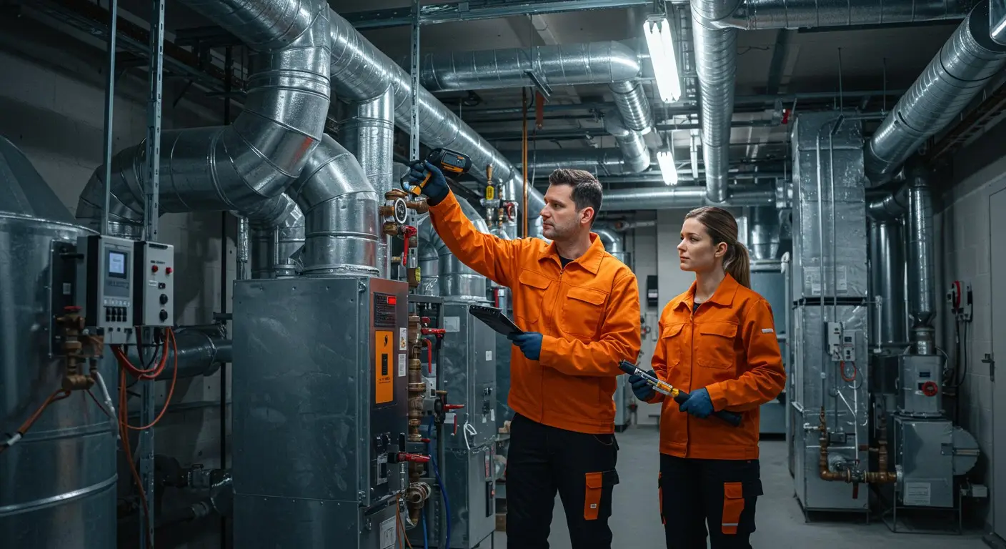 Technicians inspecting complex industrial ventilation systems.