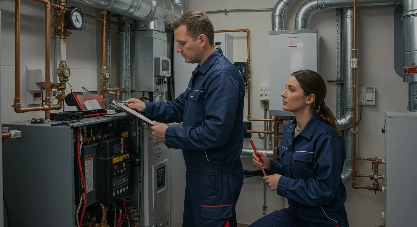 Two technicians inspecting an industrial furnace.