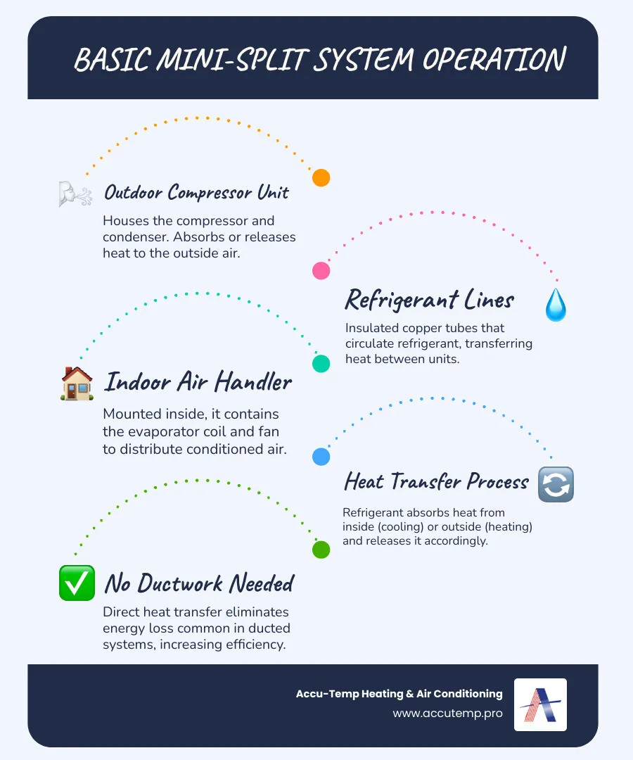 Infographic showing the key components of a ductless mini-split system including outdoor compressor unit, indoor air handler, refrigerant lines, and electrical connections, with arrows indicating heat transfer process and highlighting the benefits of no ductwork required - mini split specialist infographic infographic-line-5-steps-blues-accent_colors