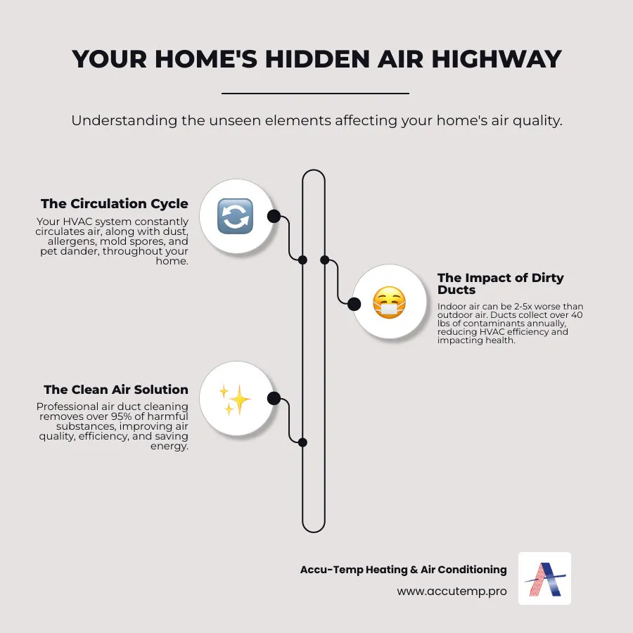 Infographic showing how HVAC systems circulate air, dust, allergens, and contaminants throughout a home, including arrows depicting airflow patterns, common pollutant sources like pet dander and mold, and the impact on indoor air quality - Air duct cleaning service infographic infographic-line-3-steps-neat_beige