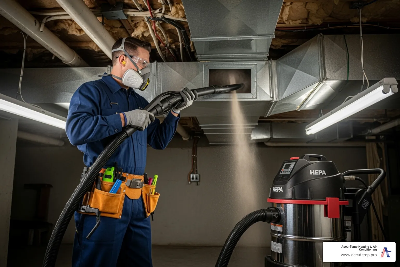 Technician using a HEPA vacuum on a duct system - Air duct cleaning service