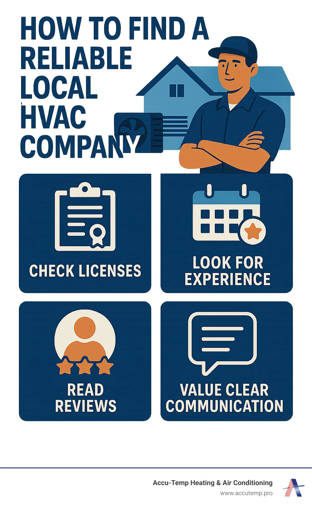 Infographic on how to find a reliable local HVAC company, highlighting checking licenses, looking for experience, reading reviews, and valuing clear communication - local HVAC company infographic 