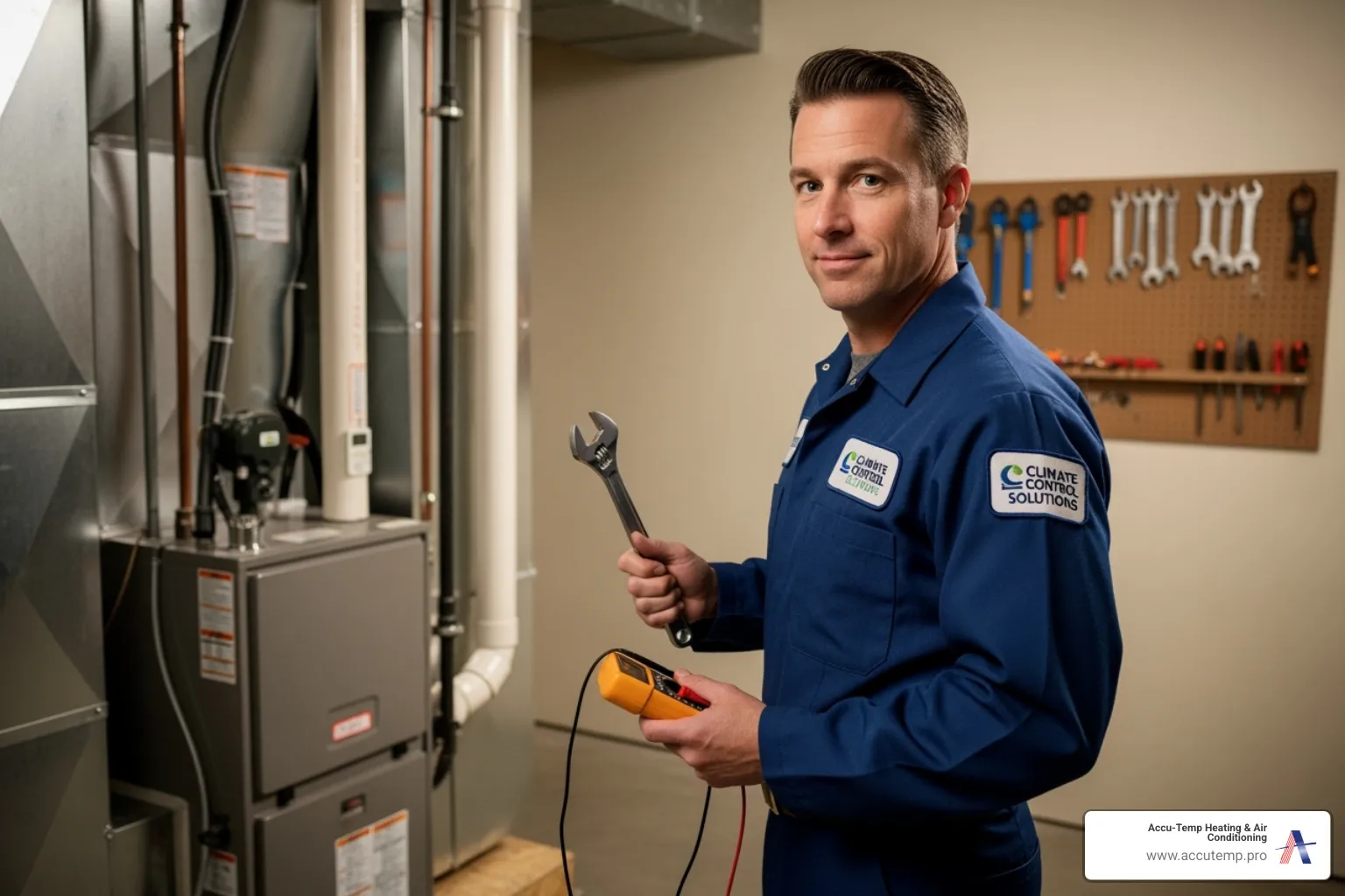of a professional, uniformed HVAC technician with tools - ac repair daytona beach fl