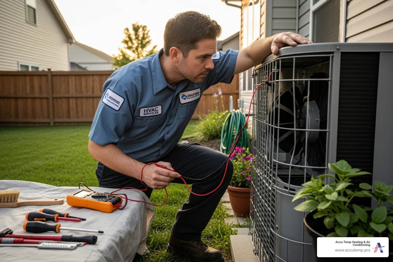 technician inspecting an outdoor AC unit - Routine AC service