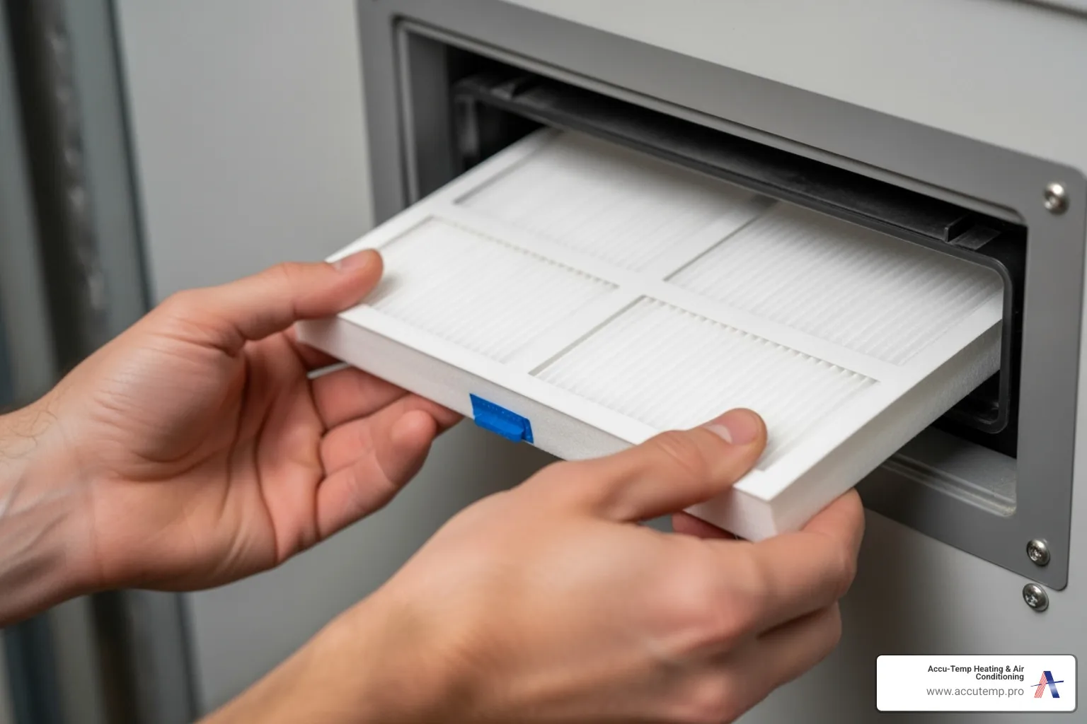 homeowner easily sliding a new, clean air filter into a vent - Routine AC service