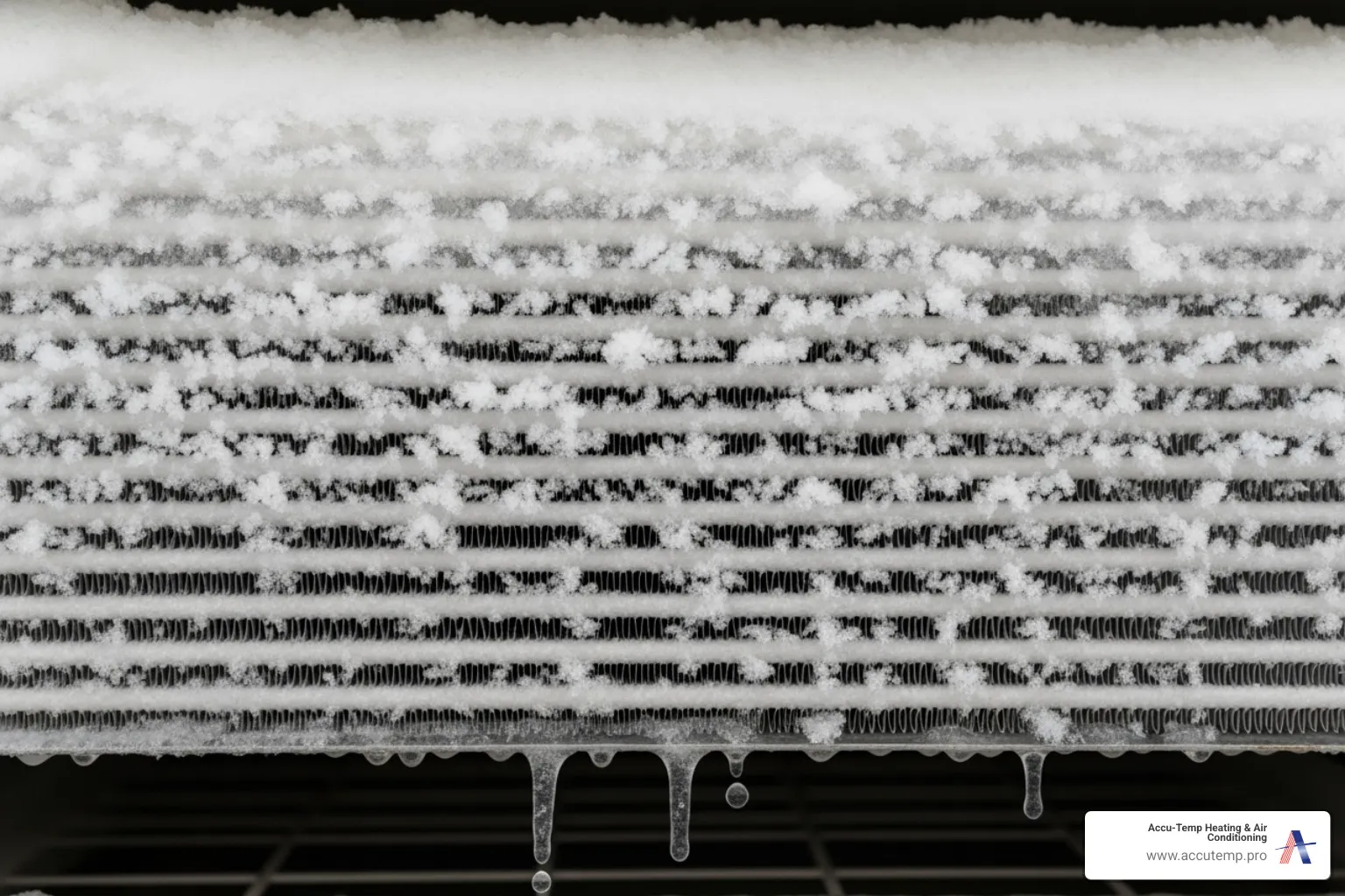 Close-up image of a heat pump's indoor evaporator coil completely covered in a thick layer of ice - heat pump not cooling