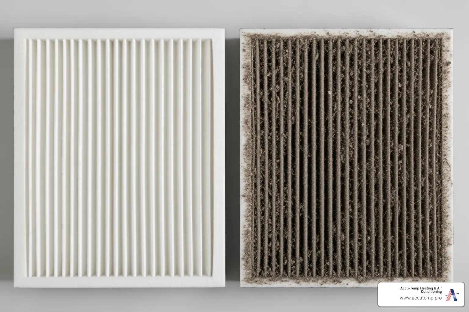 Comparison of a clean, white HVAC air filter next to a dark, visibly dirty and clogged HVAC air filter - heat pump not cooling