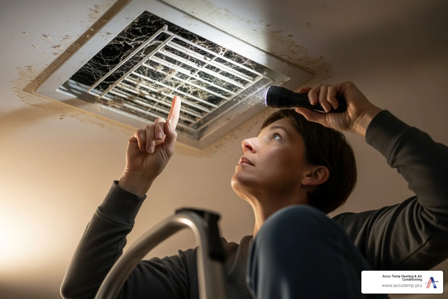 homeowner inspecting dusty air vent cover - air vent cleaning palm coast