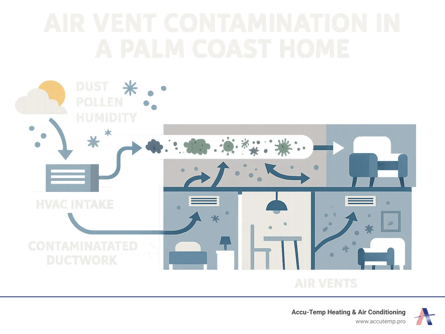 Infographic showing the journey of outdoor pollutants, dust, pollen, and humidity entering through HVAC intake, traveling through contaminated ductwork filled with debris and mold spores, and circulating throughout Palm Coast home rooms via air vents, with arrows indicating airflow patterns and contamination spread - air vent cleaning palm coast infographic 