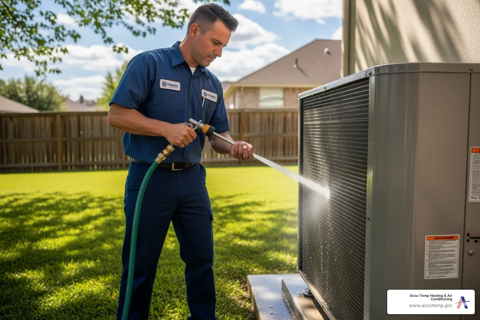 technician cleaning an outdoor condenser coil. - AC company Palm Coast