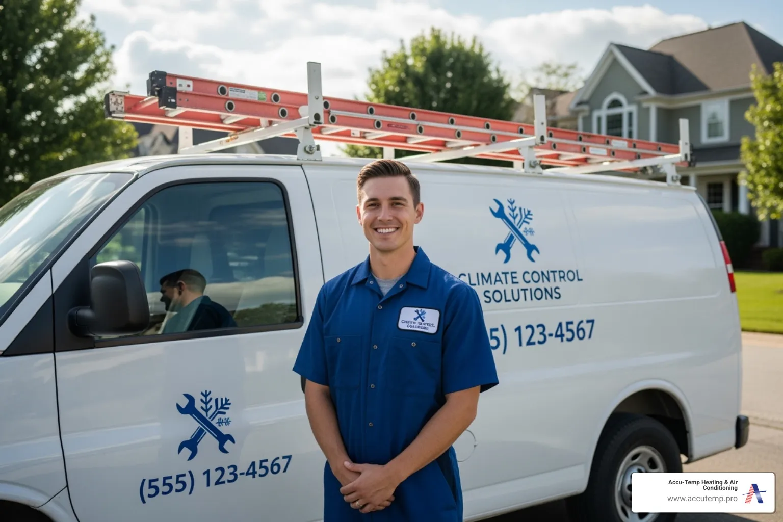 professional, uniformed HVAC technician smiling next to a service van. - AC company Palm Coast
