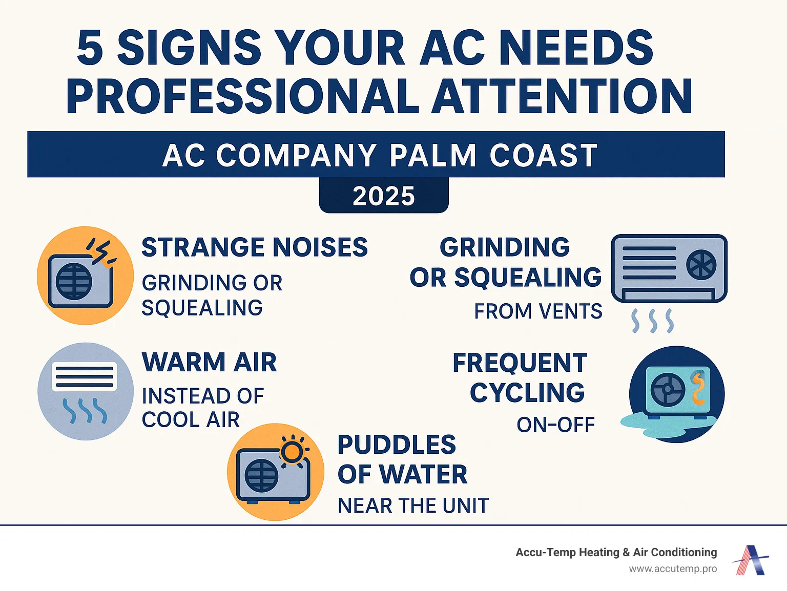 Infographic showing the 5 key signs your AC needs professional attention: strange noises like grinding or squealing, weak airflow from vents, warm air instead of cool air, frequent on-off cycling, and puddles of water near the unit - AC company Palm Coast infographic 