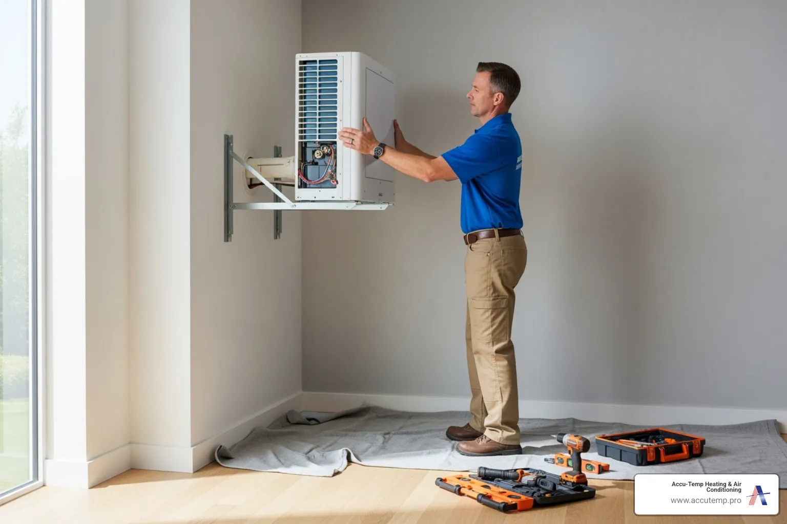 indoor mini split unit being mounted to a wall bracket - mini split installation