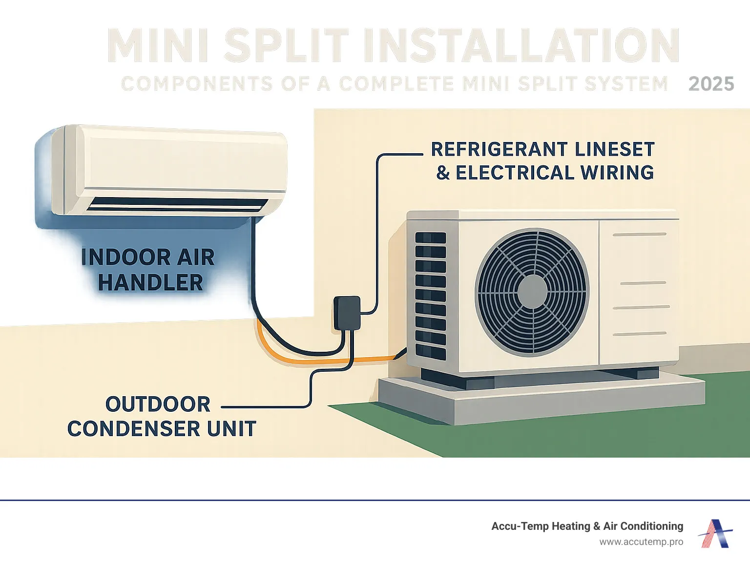 Complete mini split system components showing indoor air handler mounted on wall, outdoor condenser unit on concrete pad, and refrigerant lineset connecting the two units with electrical wiring - mini split installation infographic 