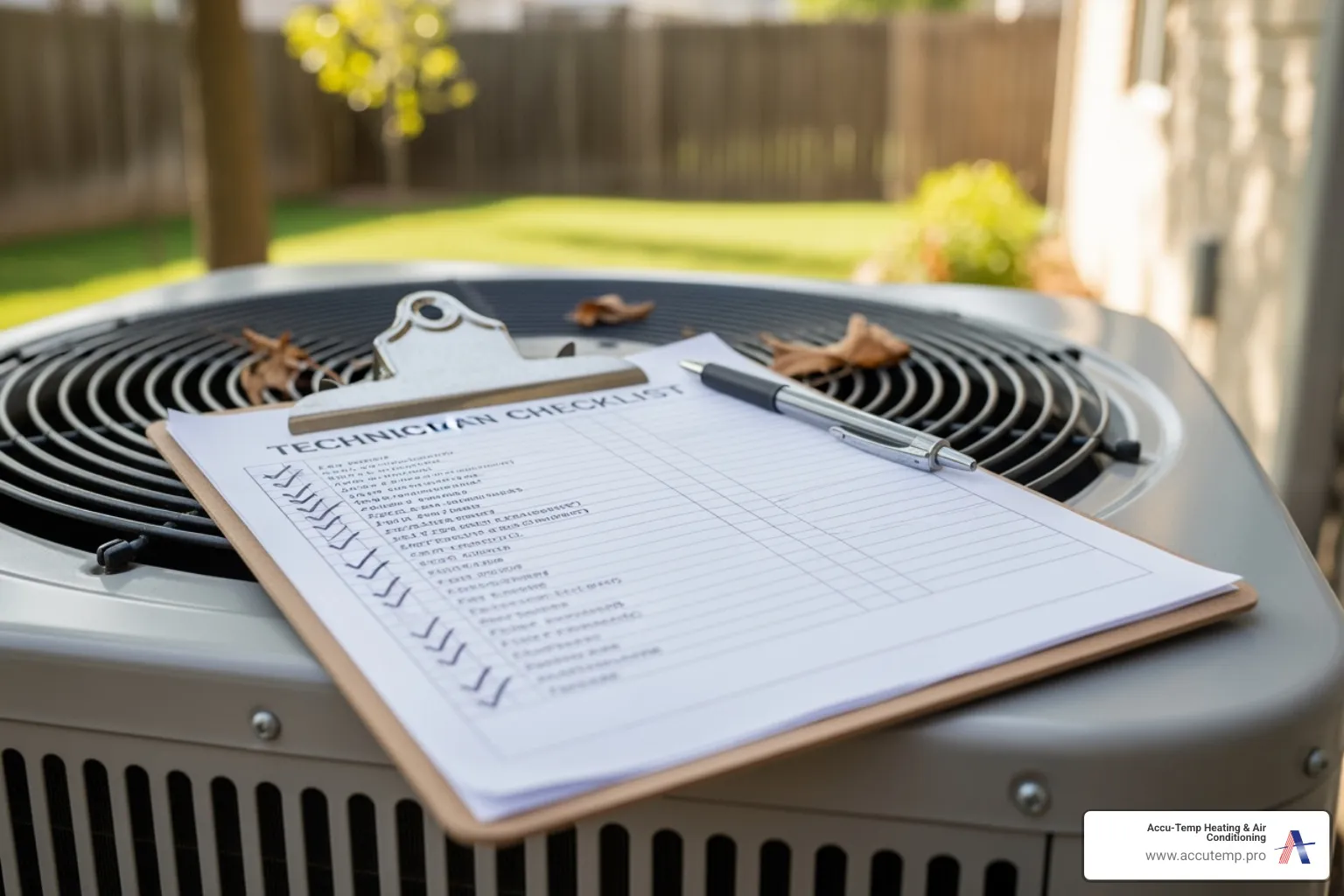 A technician's checklist on a clipboard next to an AC unit - Air conditioner maintenance plan