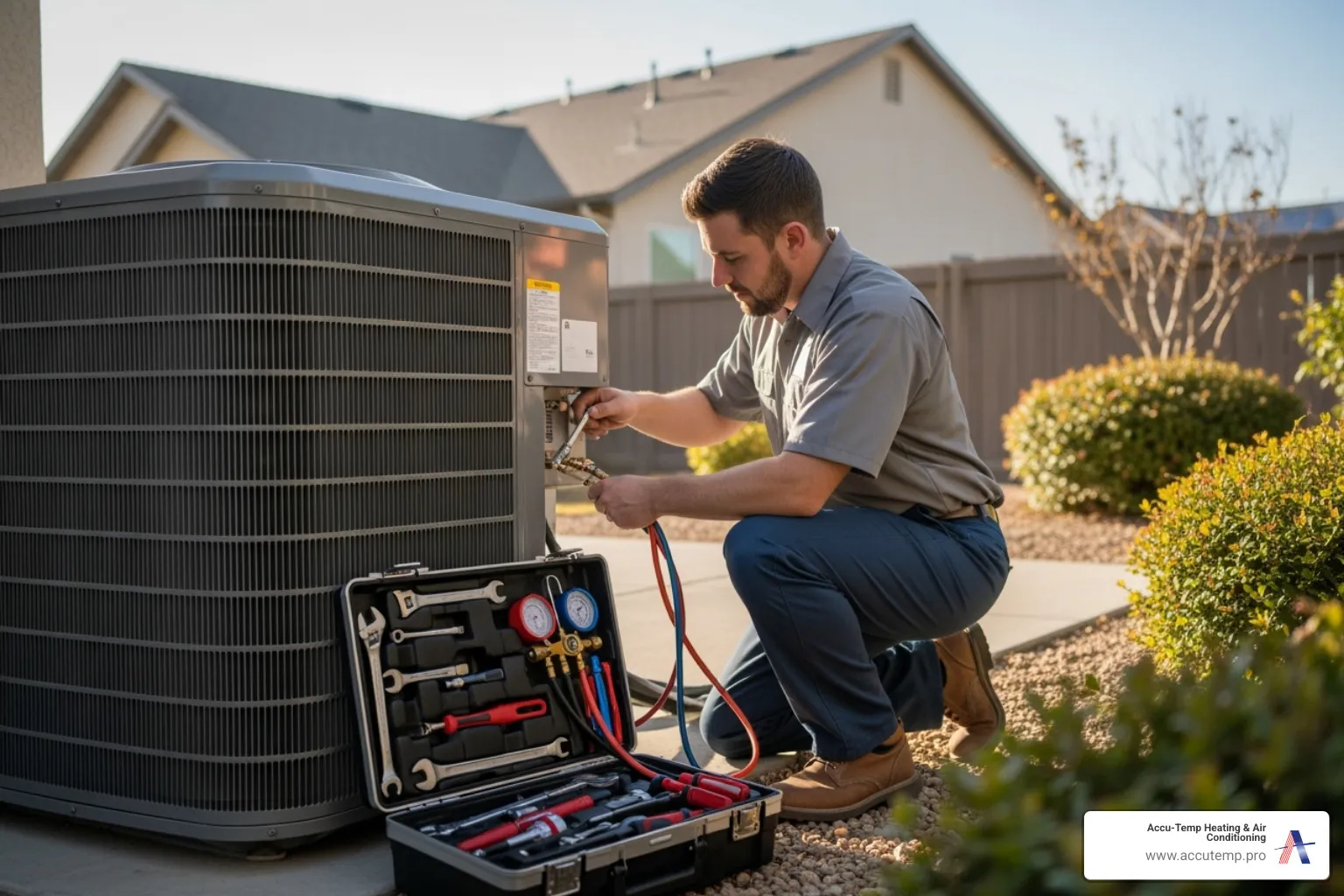 A technician performing a central air conditioner tune-up - Air conditioner maintenance plan