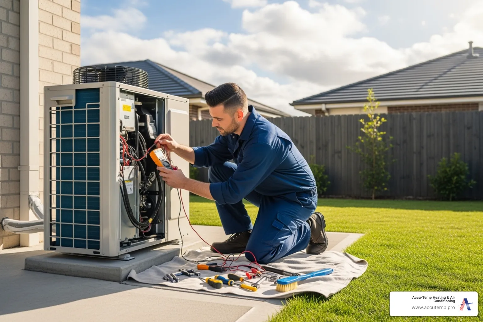 HVAC technician performing professional heat pump maintenance - heat pump maintenance
