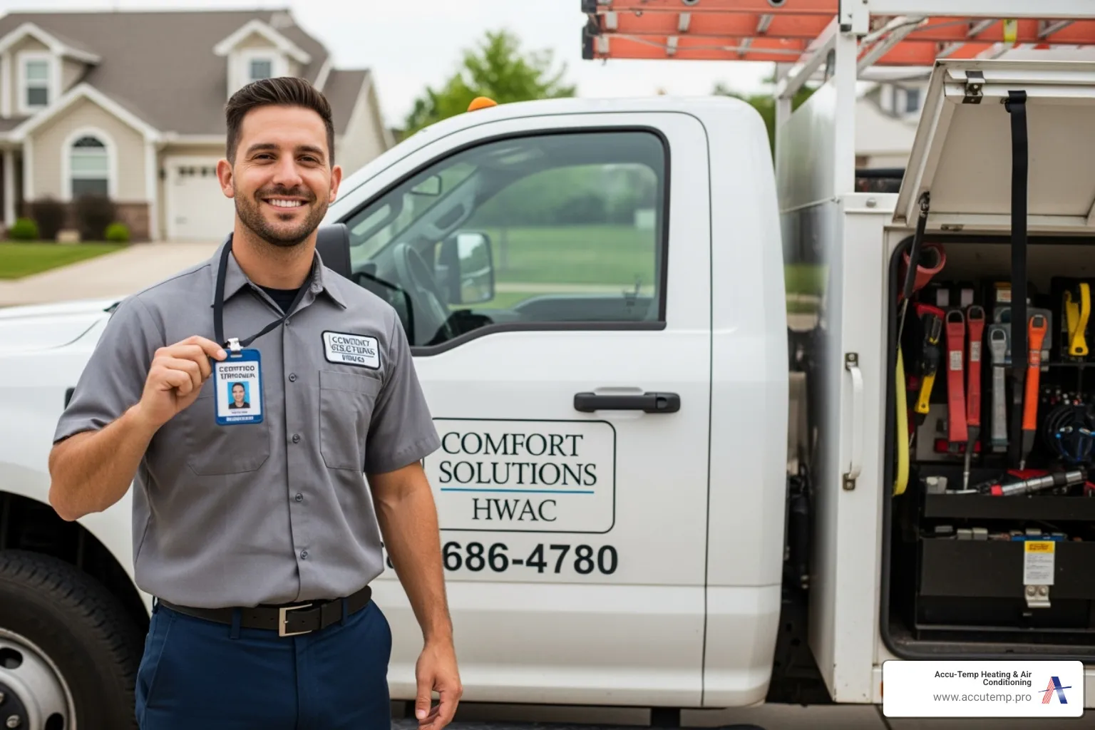 Certified HVAC technician showing badge and company truck - ac service ormond beach fl