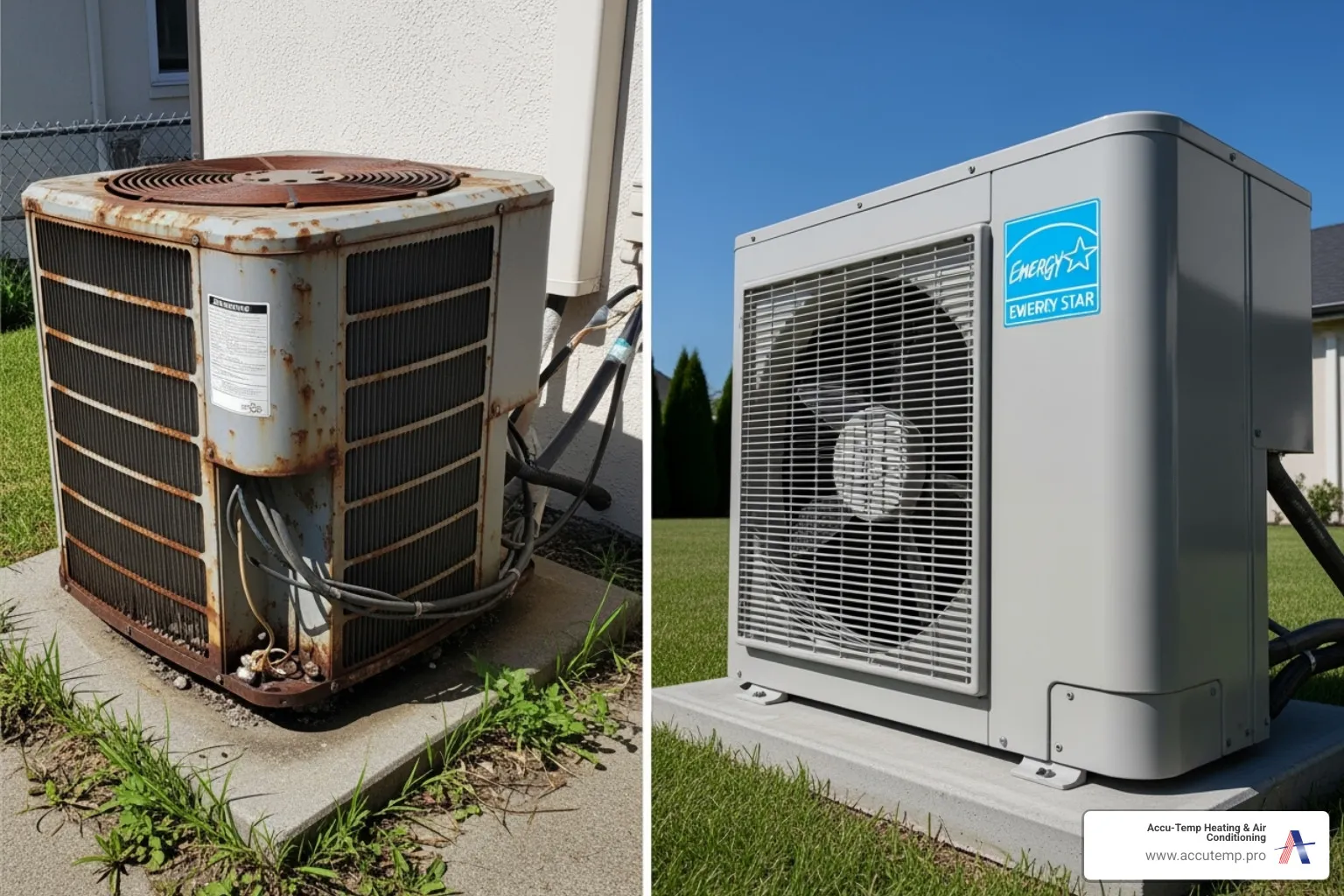 Old, rusty AC unit contrasted with a shiny new, energy-efficient model - ac service ormond beach fl