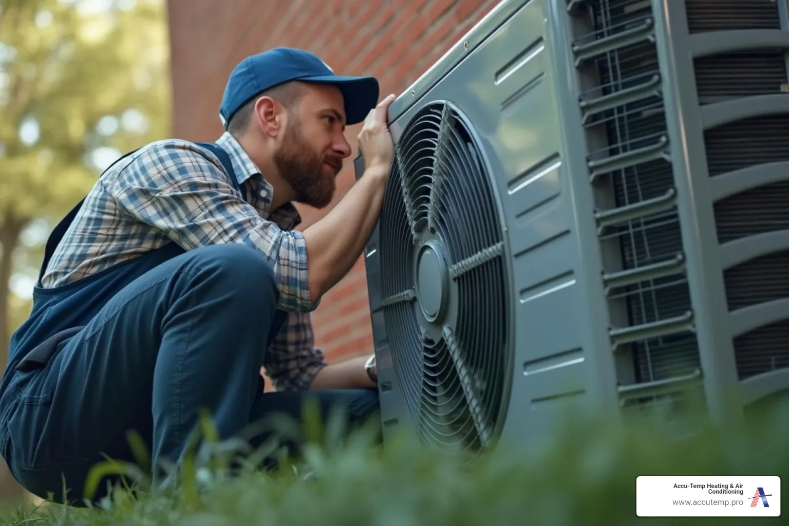 professional HVAC technician inspecting outdoor heat pump unit - heat pump not heating