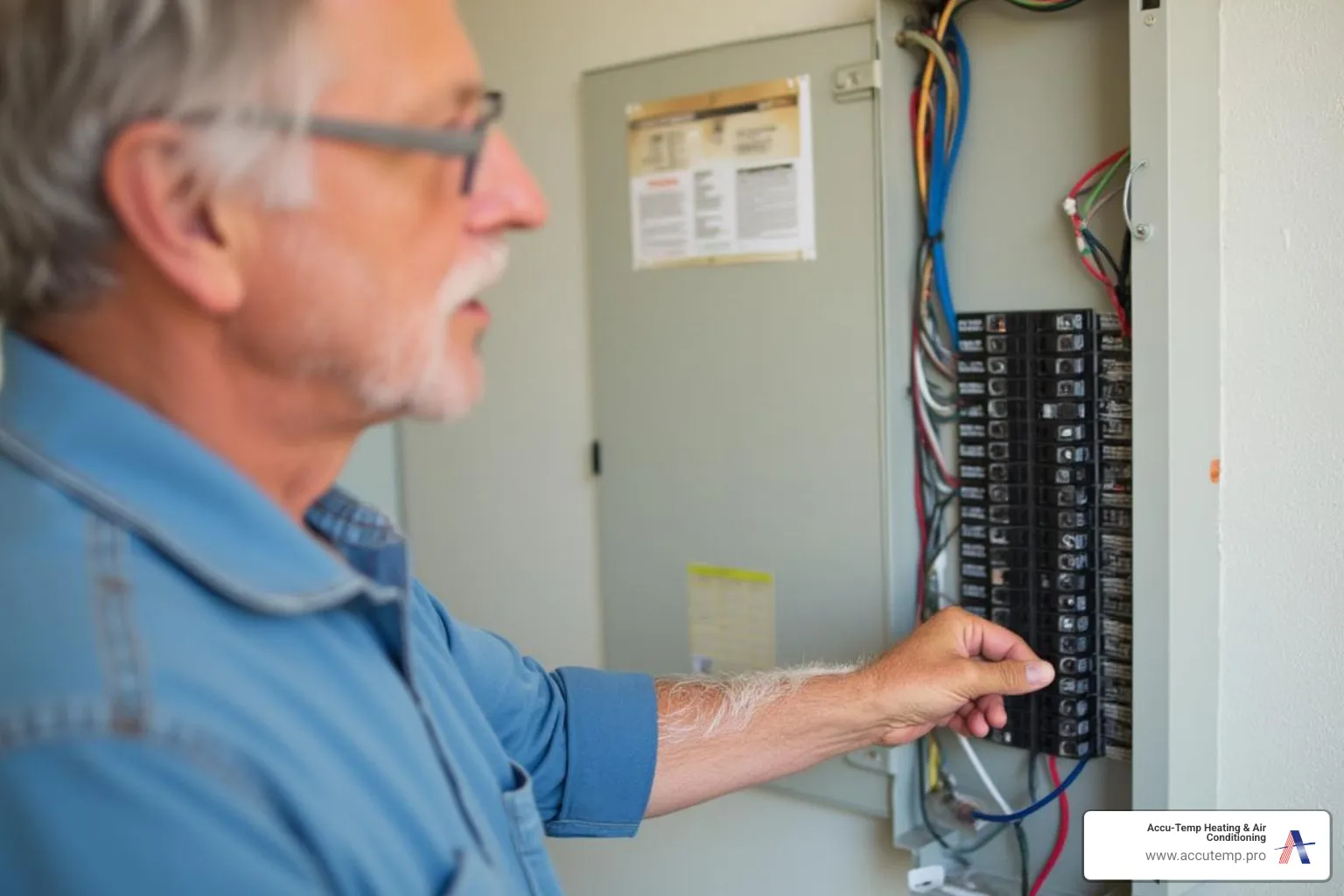 homeowner checking circuit breaker panel - heat pump not heating