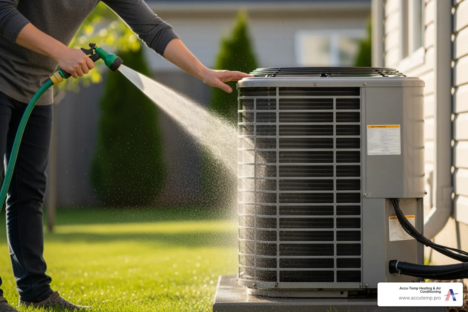 Gently spraying an outdoor condenser unit with a hose - mini split maintenance