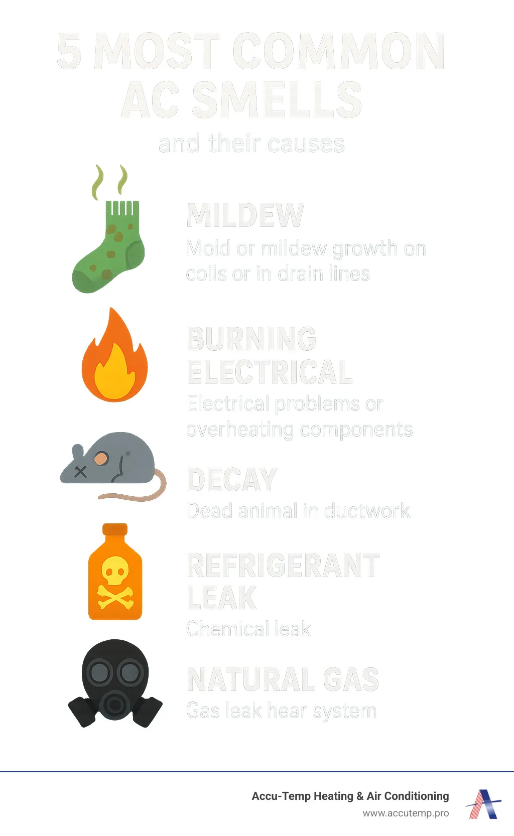 Infographic showing 5 most common AC smells with icons: moldy sock for mildew, flame for burning electrical, dead mouse for decay, chemical bottle for refrigerant leak, and gas mask for natural gas, each with brief cause descriptions - Air conditioner smells bad infographic 