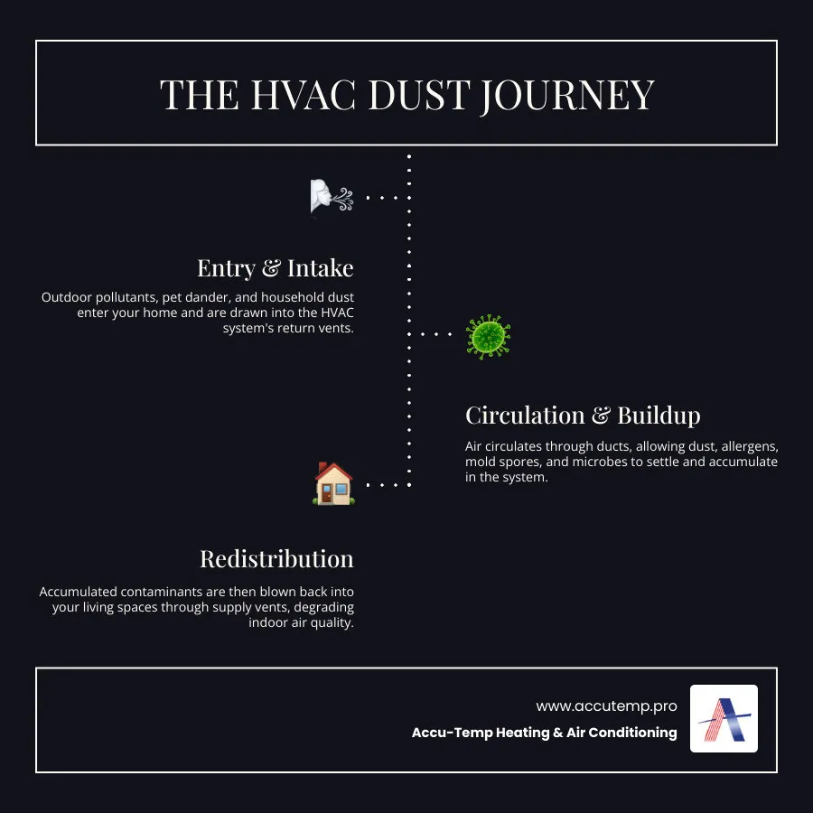 Infographic showing the journey of dust, allergens, and contaminants through a home's HVAC system, including entry points like windows and doors, circulation through ducts, filtration process, and distribution to living spaces - air duct cleaning infographic infographic-line-3-steps-dark