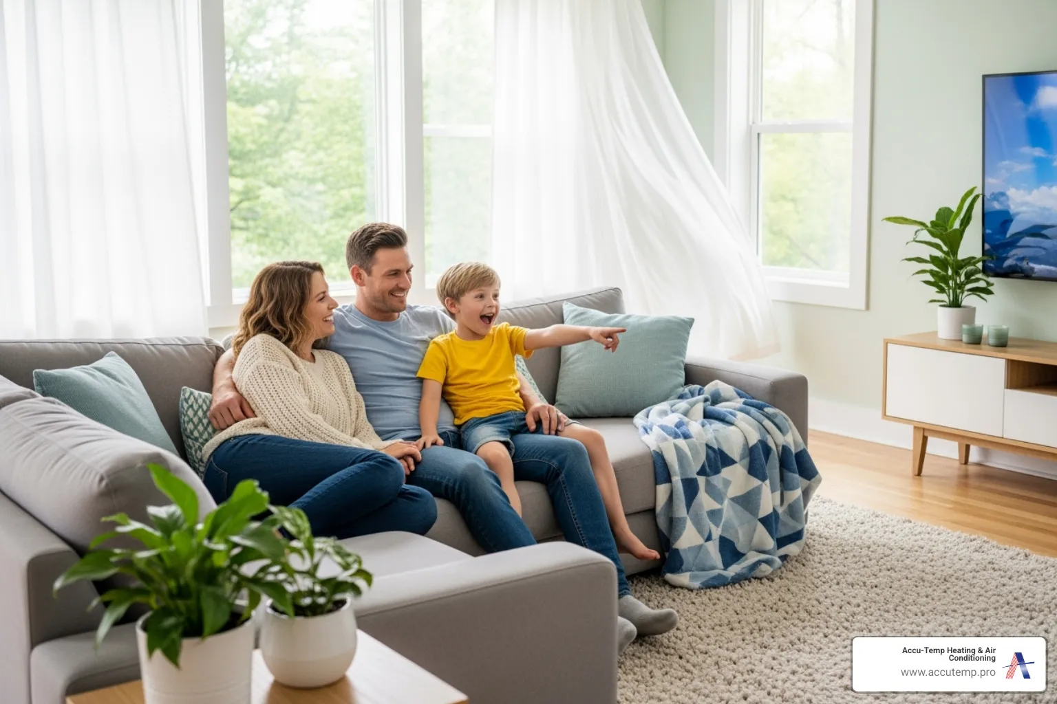 A family enjoying clean air in their home, with a subtle Accu-Temp Heating & Air Conditioning logo in the corner - air duct cleaning