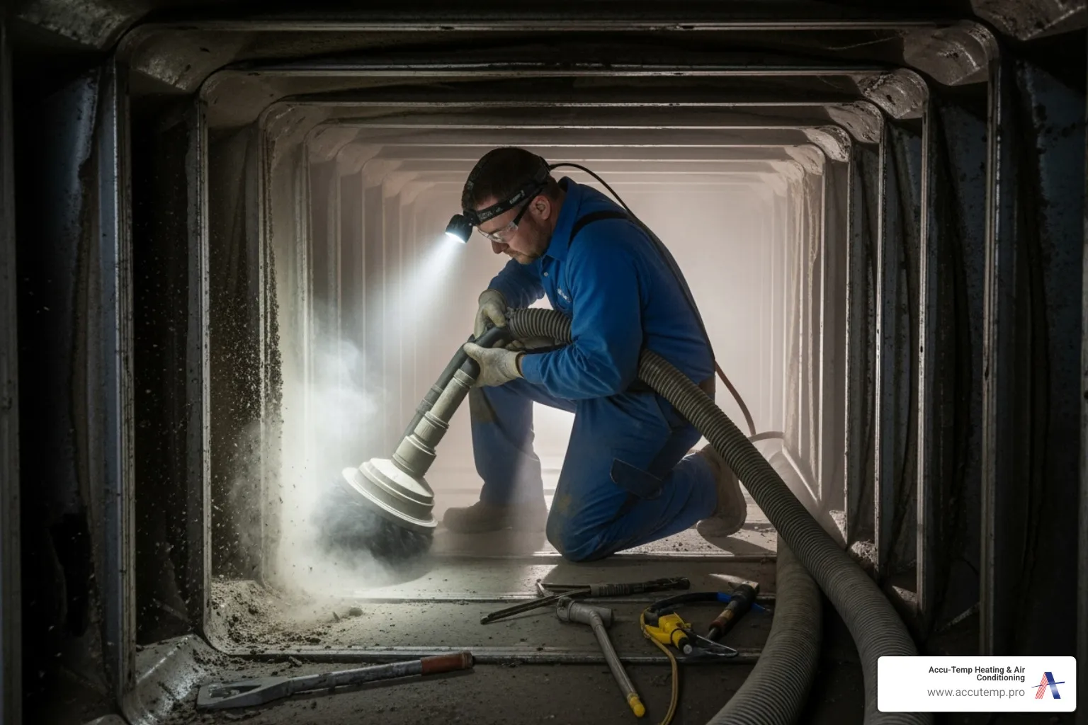 technician using a high-powered vacuum and brush system inside a duct - air duct cleaning