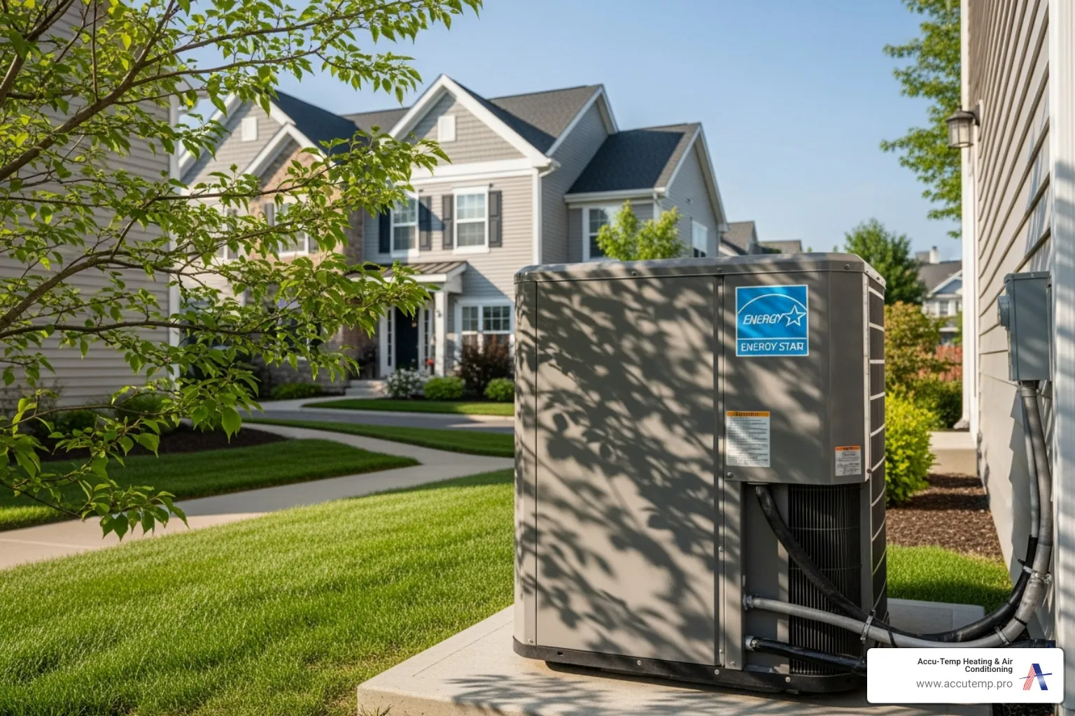 Modern, energy-efficient AC unit shaded by a small tree - Improve AC efficiency