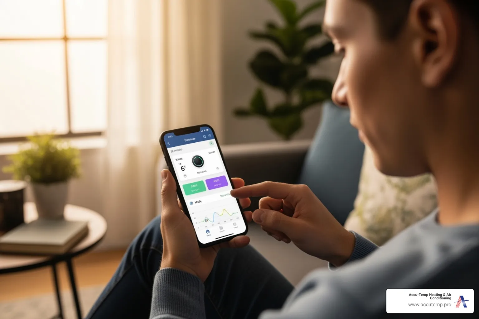 Person adjusting a smart thermostat on their phone - Improve AC efficiency