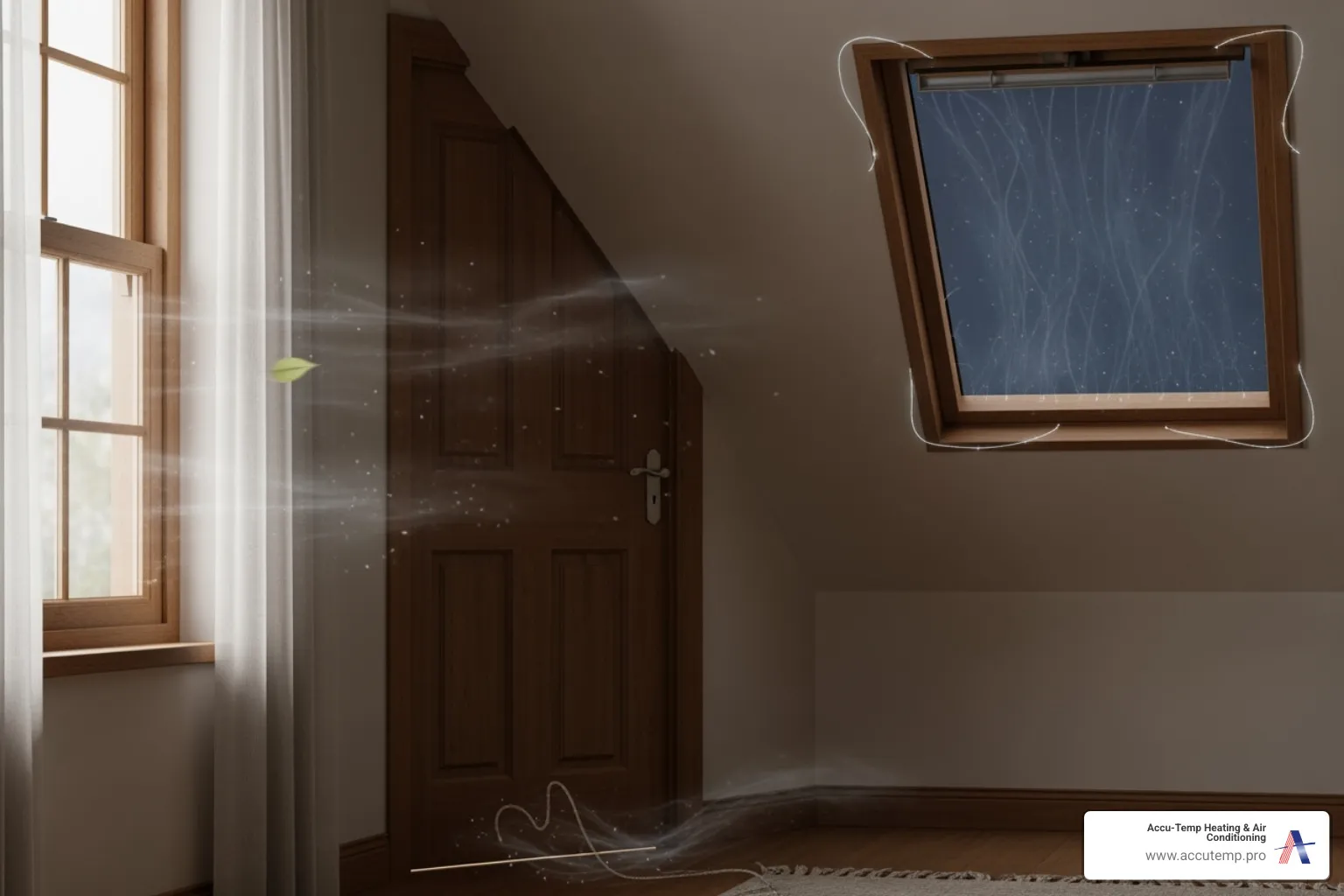 Common air leak spots like windows, doors, and attic hatches - Improve AC efficiency