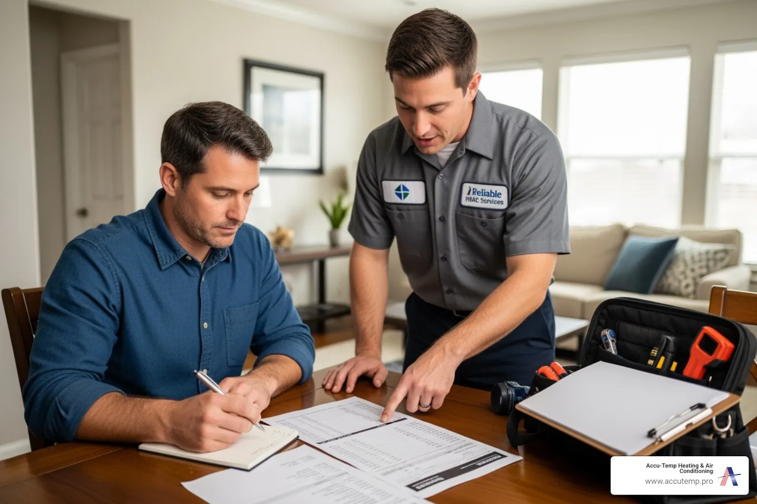 Homeowner reviewing an invoice with a technician - ac repair ormond beach