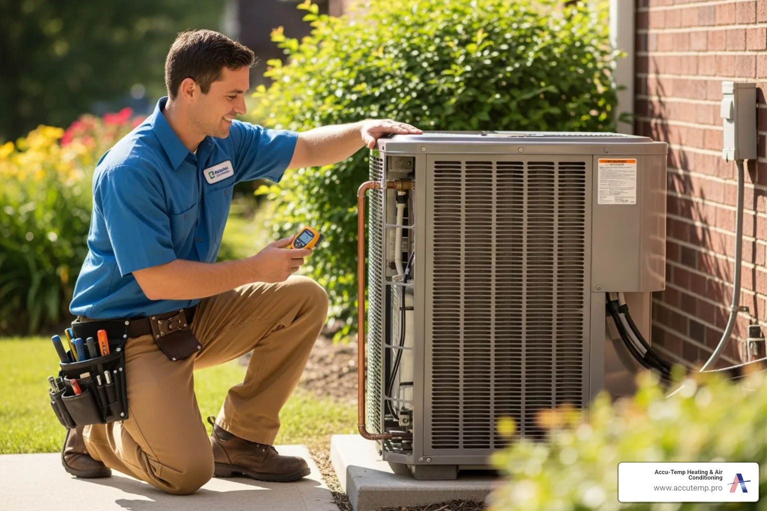 Friendly technician inspecting an outdoor AC unit - ac repair ormond beach