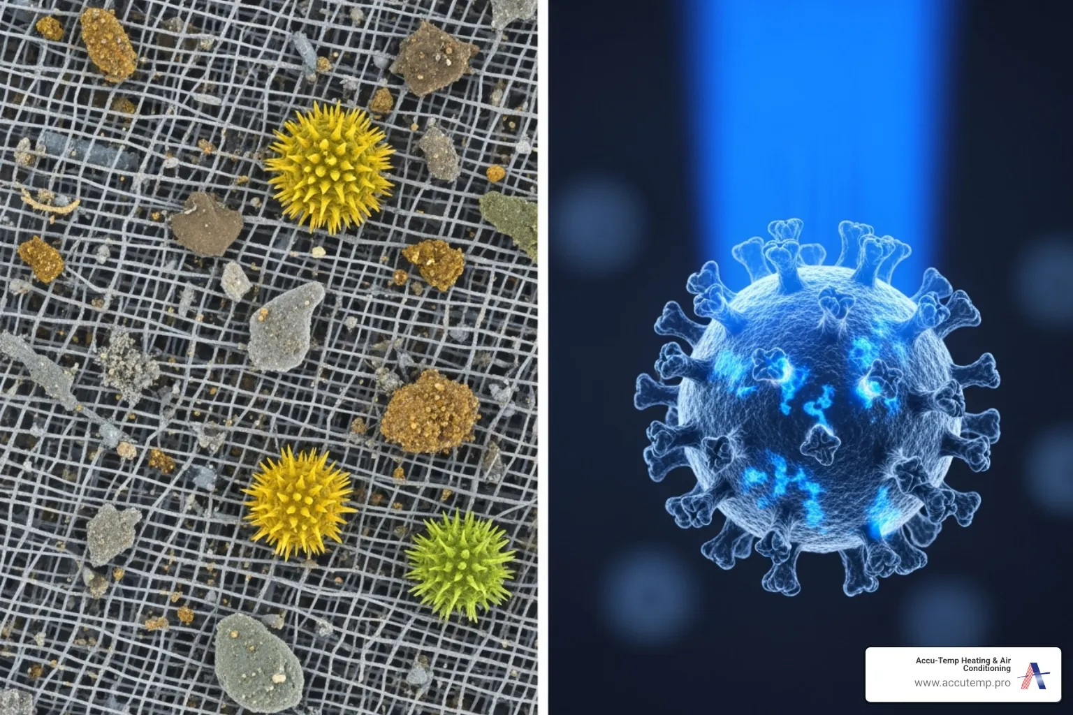 side-by-side comparison of a HEPA filter trapping particles and a UV light neutralizing a virus - UV light air purifier