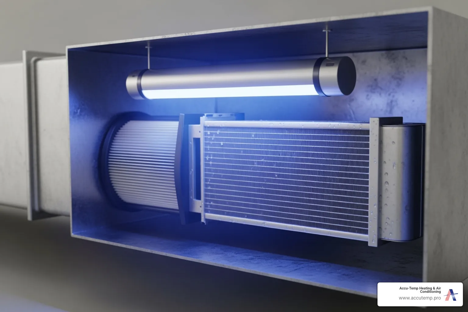 cutaway view of an HVAC duct with a UV light shining on the coil - UV light air purifier