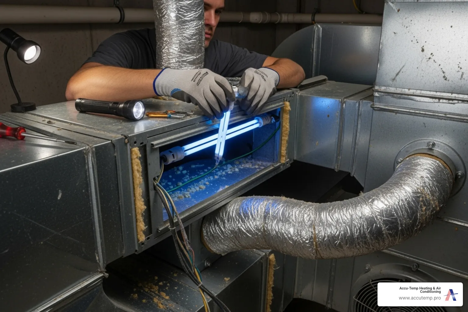 technician replacing a UV bulb in an HVAC system - UV light air purifier