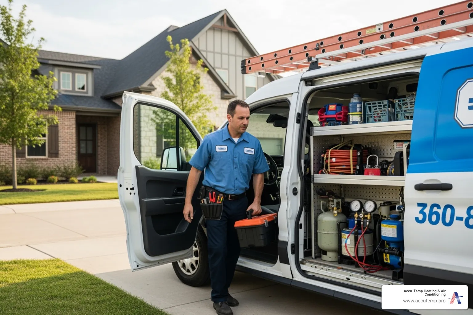 A professional technician arriving in a fully stocked service vehicle - Emergency HVAC service
