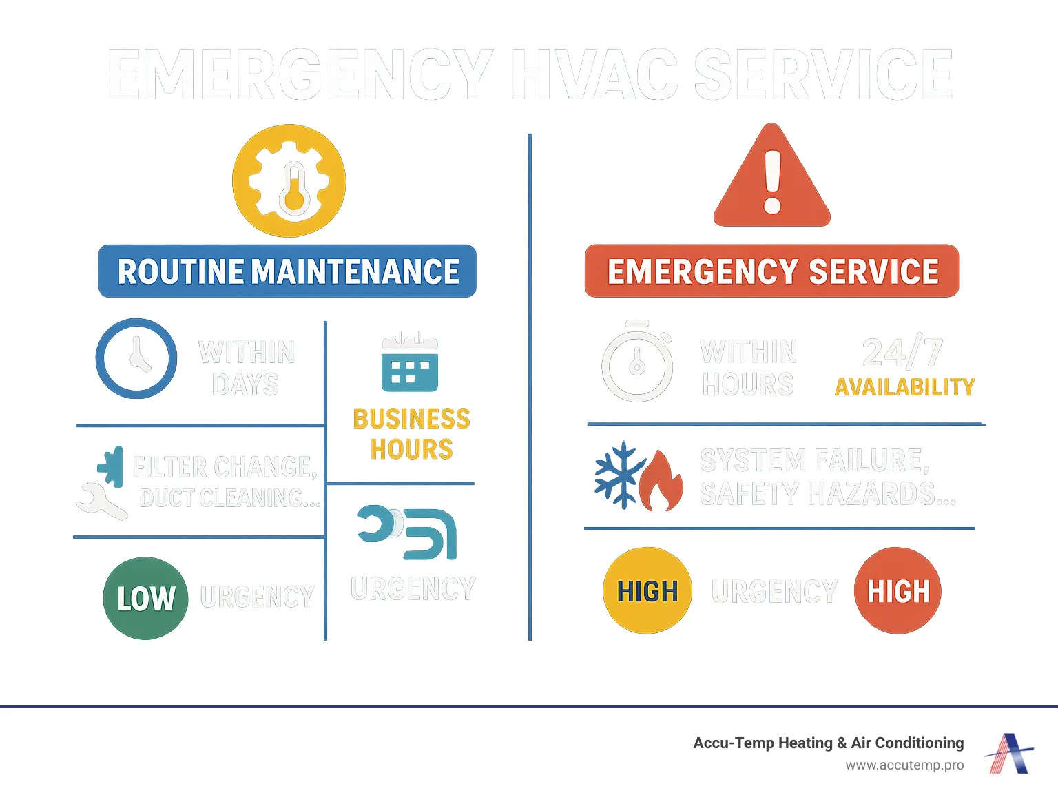 Infographic showing the difference between routine HVAC maintenance and emergency service calls, including response times, availability hours, typical issues addressed, and urgency levels for each type of service - Emergency HVAC service infographic 