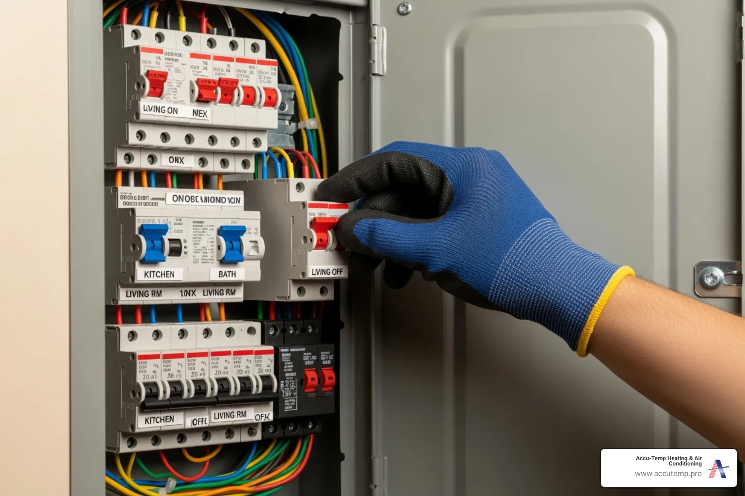 A person safely turning off a circuit breaker to their HVAC unit - Emergency HVAC service