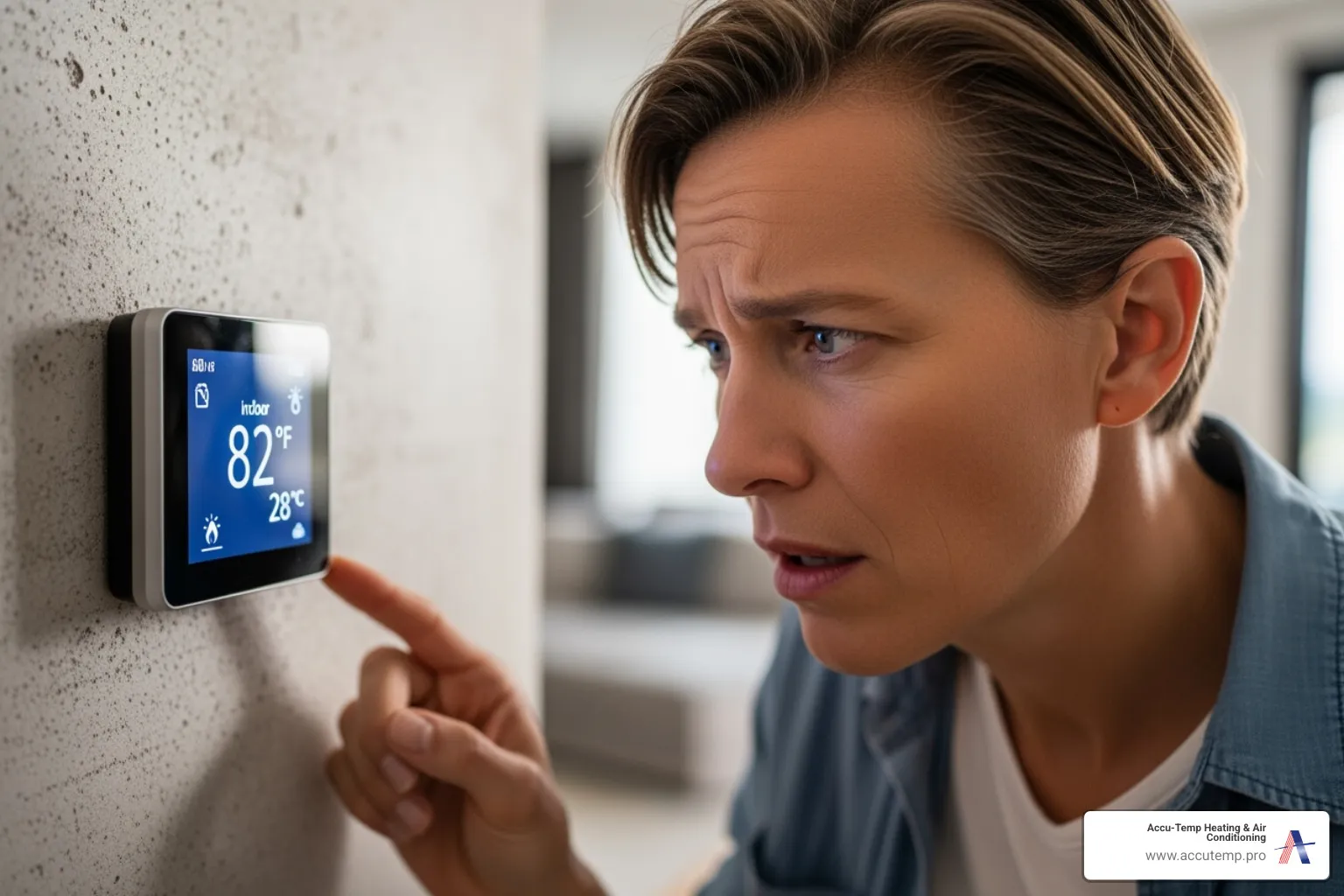 Homeowner looking at a thermostat showing a high indoor temperature - Emergency HVAC service