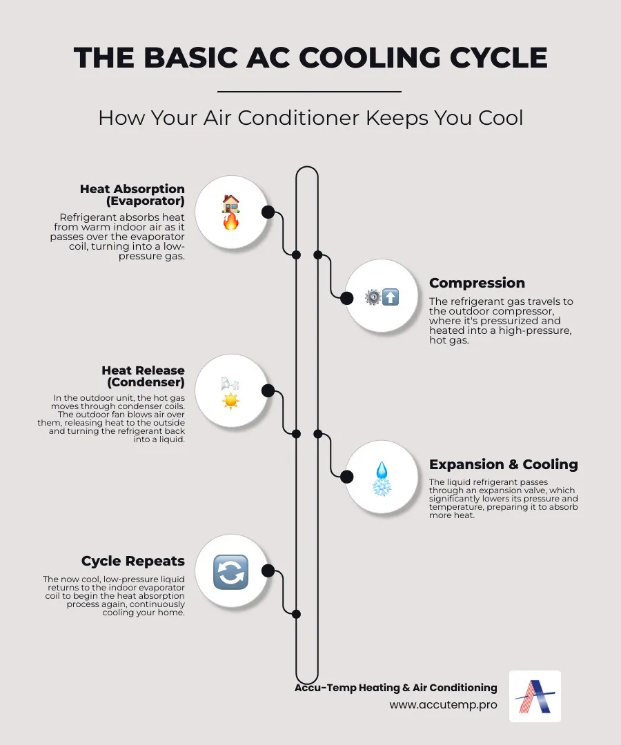 Infographic showing the air conditioning cooling cycle with outdoor fan removing heat from condenser coils while indoor blower circulates cool air through the home - AC fan not working infographic infographic-line-5-steps-neat_beige