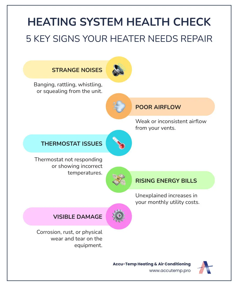 infographic showing five warning signs your heating system needs repair: unusual noises like banging or squealing, weak or inconsistent airflow from vents, thermostat not responding correctly, rising energy bills without explanation, and visible signs of corrosion or rust on equipment - heating repair in flagler beach, fl infographic infographic-line-5-steps-colors
