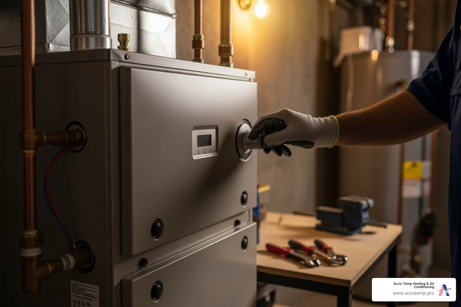 infographic showing three main reasons for furnace tune-up: safety shield icon with carbon monoxide detector, dollar sign with downward arrow representing energy savings, and wrench icon showing system reliability and longevity - 